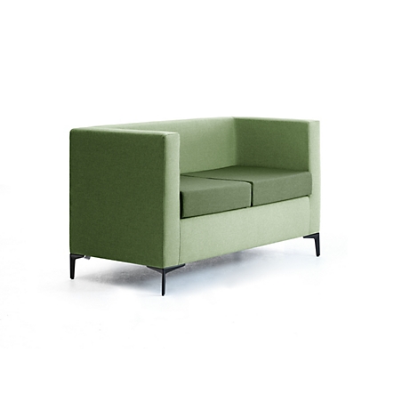Modernes, zweisitziges Sofa in Hellgrün mit klaren Linien und schwarzen Metallfüßen auf weißem Hintergrund.