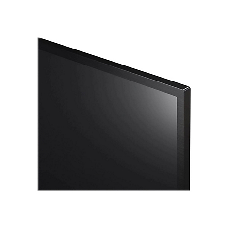 Detailansicht eines schwarzen Fernsehers mit dunklem Bildschirm und schmalem Rahmen vor weiÃŸem Hintergrund.
