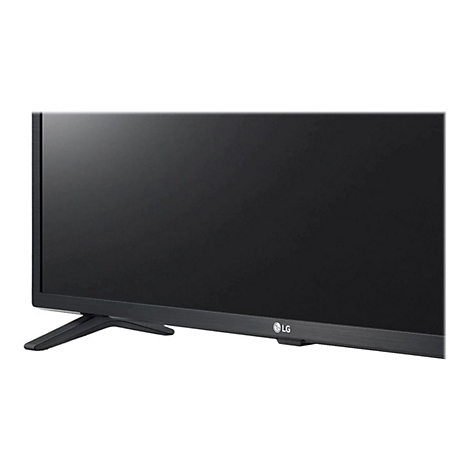 Ausschnitt eines schwarzen Fernsehers. Die Halterung und das LG Logo sind zu sehen.