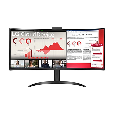 Ein gebogener LG-Monitor mit Videokonferenz, Grafiken und Diagrammen, die die Analyse des globalen Wirtschaftswachstums zeigen.