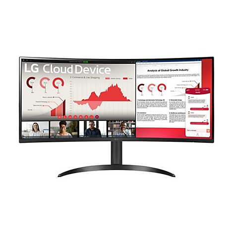 Ein gekrümmter LG-Monitor zeigt ein Online-Meeting, eine Analyse der globalen Wachstumsindustrie und eine Chart-Grafik.