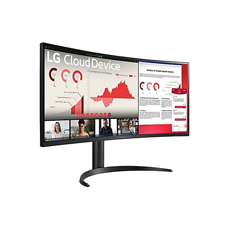 Ein gebogener LG-Monitor zeigt eine Präsentation und eine Videokonferenz. Diagramme, Tabellen, Personen in der Konferenz.