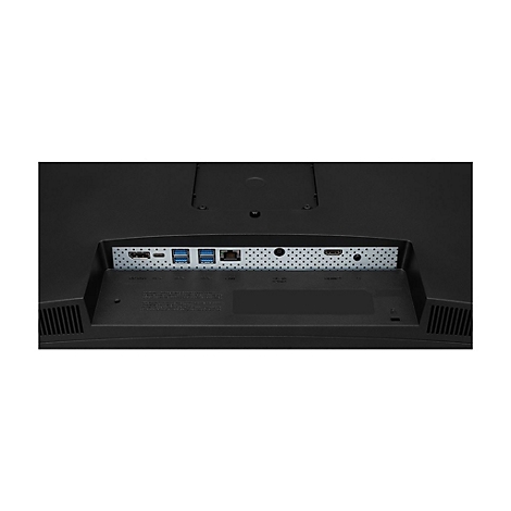 Rückseite eines schwarzen Monitors mit Anschlüssen für HDMI, USB und Ethernet.