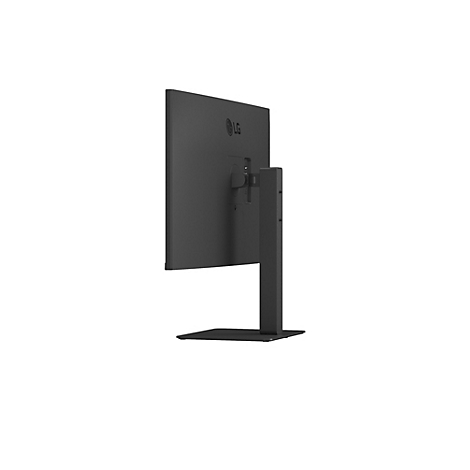 Vue arrière d'un écran LG noir avec un pied minimaliste sur fond blanc.