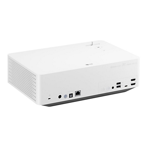 Weißer LG-Beamer vor weißem Hintergrund. Aufschrift: DOLBY AUDIO, DLP, HDMI 4K UHD.