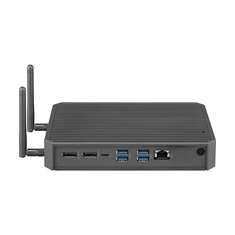 Grauer Mini-PC mit Antennen, seitlich. Auf der Front verschiedene Anschlüsse.