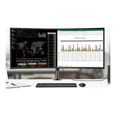 Gebogener LG-Monitor, geteilt in zwei Bildschirme mit Finanzdaten und Tabellen.