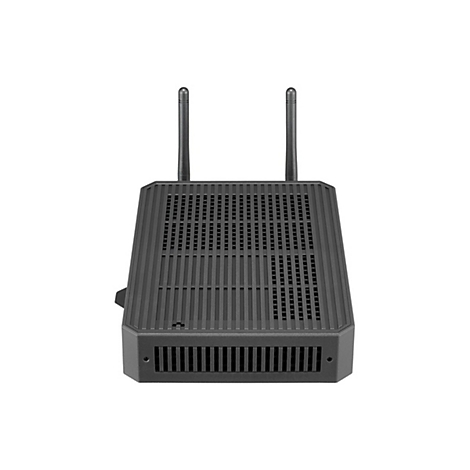 Dunkelgrauer Router mit zwei Antennen, Front- und Oberseite mit Lüftungsschlitzen.