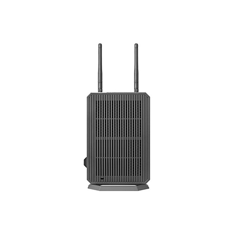 Dunkelgrauer Router mit zwei Antennen, vertikale Lamellen, auf weißem Hintergrund.