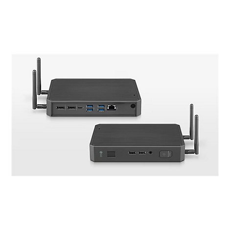 Zwei schwarze LG-Mini-PCs, leicht von oben betrachtet. Einer ist von vorne und der andere von der Seite zu sehen. Beide haben Antennen.