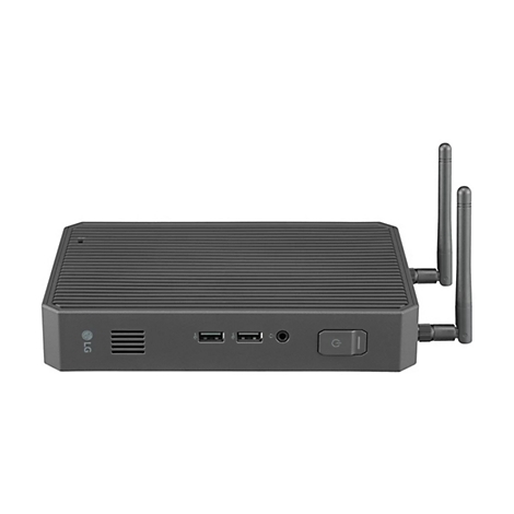 Dunkelgrauer Mini-PC mit zwei Antennen und LG-Logo, Power-Knopf und Anschlüssen.