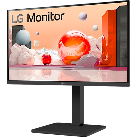 Schwarzer LG Monitor. Auf dem Bildschirm abstrakte Kunst mit Kugeln. Schwarzer Standfuß.