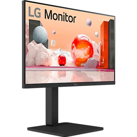 Ein schwarzer LG-Monitor, der von einem Ständer gehalten wird. Auf dem Bildschirm abstrakte, farbige Formen.