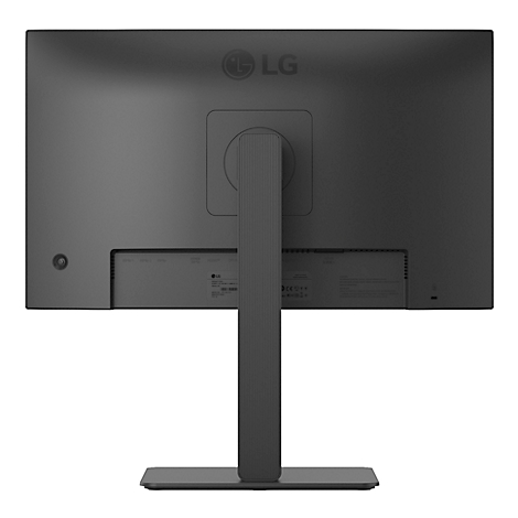 Rückseite eines schwarzen LG-Monitors; Standfuß, Anschlüsse, und LG-Logo sind sichtbar.