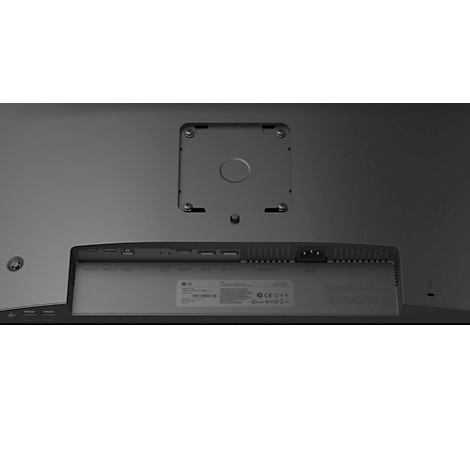 Nahaufnahme der Rückseite eines schwarzen Monitors, mit Halterung und Logo. Der Monitor steht aufrecht.