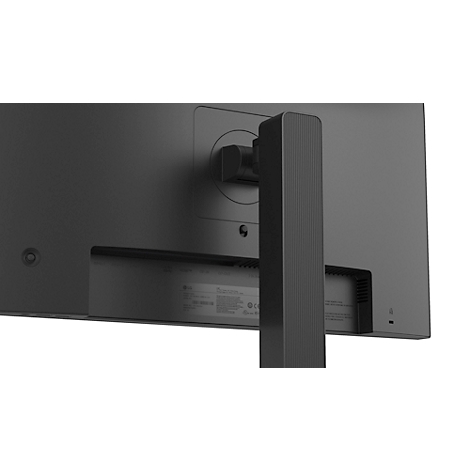 Schwarzer LG Monitor mit Standfuß vor weißem Hintergrund. Auf dem Display sind abstrakte Formen zu sehen.