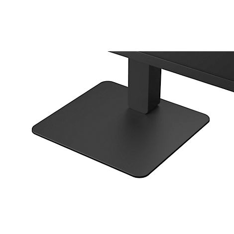 Ein schwarzer LG-Monitor von hinten, auf einem weißen Hintergrund. Der Monitor ist auf einem schwarzen Standfuß befestigt.