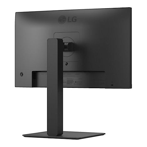 Rückseite eines schwarzen LG-Monitors mit Standfuß.