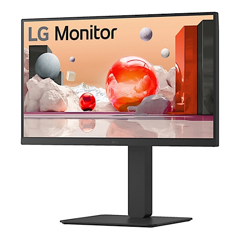 Ein schwarzer LG-Monitor. Auf dem Bildschirm eine abstrakte Darstellung mit Kugeln und Quader-Formen. Oben links steht „LG Monitor“.
