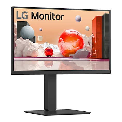 Ein schwarzer LG-Monitor mit Standfuß vor weißem Hintergrund, das Display zeigt eine abstrakte Komposition.