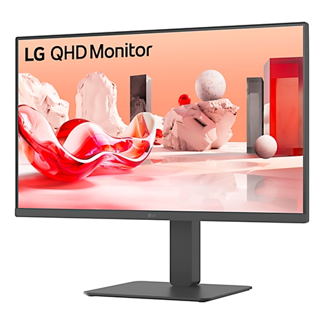 Ein LG QHD Monitor mit schwarzem Rahmen und Standfuß, auf dem Bildschirm eine abstrakte Darstellung.