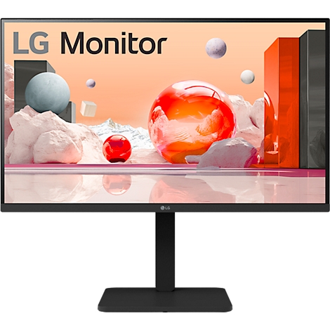 Schwarzer LG Monitor mit schwarzem Ständer. Auf dem Bildschirm ist eine bunte, abstrakte Darstellung zu sehen.