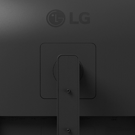 Nahaufnahme der Rückseite eines schwarzen LG-Monitors, der Halterungsmechanismus und das Logo zeigt.