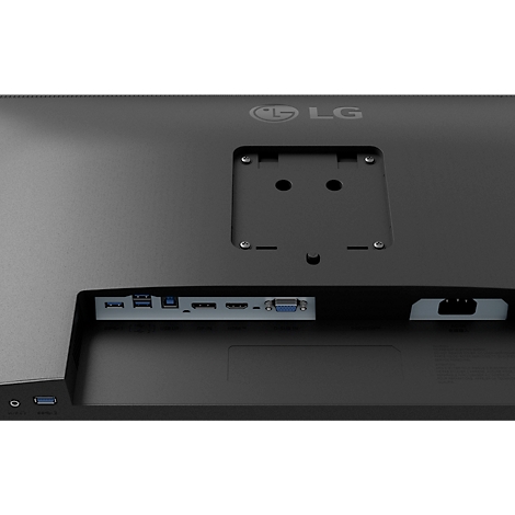 Rückseite eines schwarzen LG Monitors mit Anschlüssen für HDMI, USB und Strom.