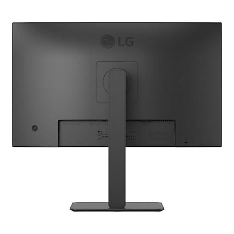 Rückseite eines schwarzen LG Monitors, Standfuß und Logo gut erkennbar.