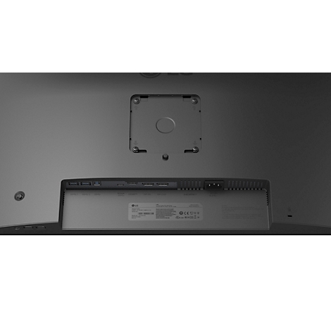 Die Rückseite eines schwarzen LG-Monitors mit Halterung. Anschlüsse und Seriennummer.