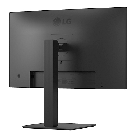 Ein schwarzer Computermonitor im Profil, auf einem weißen Hintergrund. Der Monitor hat einen verstellbaren Standfuß.