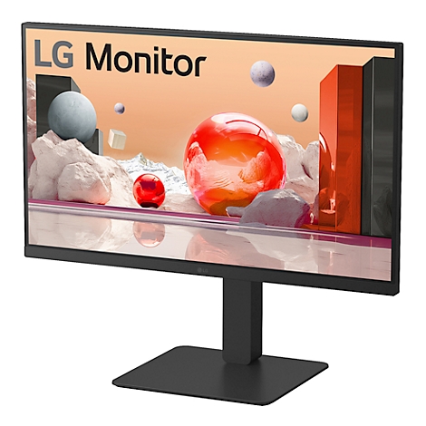 Schwarzer LG Monitor mit minimalistischem Design. Auf dem Display eine abstrakte Szene mit Kugeln und Blöcken. Oben steht LG Monitor.