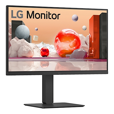 Rückansicht eines schwarzen LG Monitors. Das LG-Logo ist oben mittig zu sehen. Der Bildschirm steht auf einem quadratischen Standfuß.