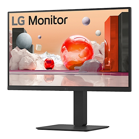 Ein schwarzer LG-Monitor mit Standfuß, vor weißem Hintergrund. Auf dem Bildschirm eine abstrakte Grafik mit Kugeln.