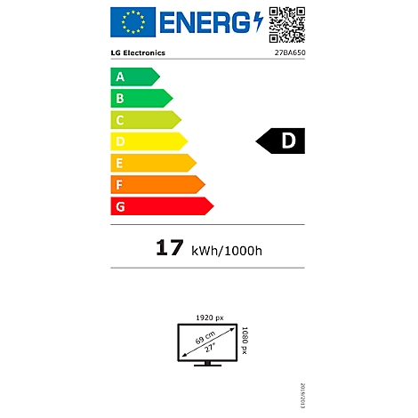 Energieeffizienzlabel für einen LG-Fernseher. Zeigt die Energieeffizienzklasse D, 17 kWh/1000h. Bild zeigt Größe und Auflösung.