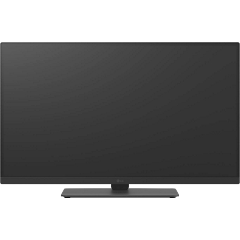 Ein großer, schwarzer Fernseher mit Standfuß. Das Display ist ausgeschaltet und zeigt einen dunklen Bildschirm.