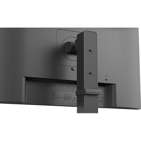 Detailaufnahme eines schwarzen Monitors. Der Fokus liegt auf der Halterung und dem rückwärtigen Teil des Displays.