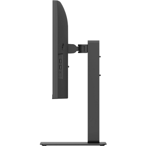 Seitenansicht eines schwarzen Monitors mit Standfuß. Sichtbar sind USB-Anschlüsse und die Halterung.