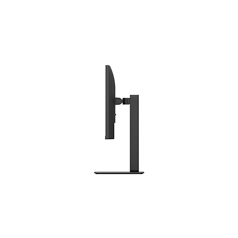Seitliche Ansicht eines schwarzen Computermonitors auf einem minimalistischen Ständer vor weißem Hintergrund.