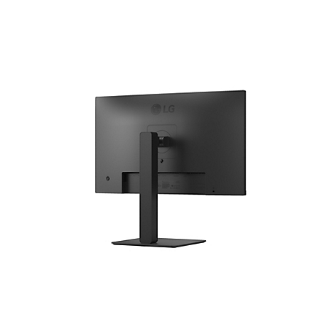 Rückansicht eines schwarzen LG-Monitors mit standfestem Standfuß vor einem weißen Hintergrund.