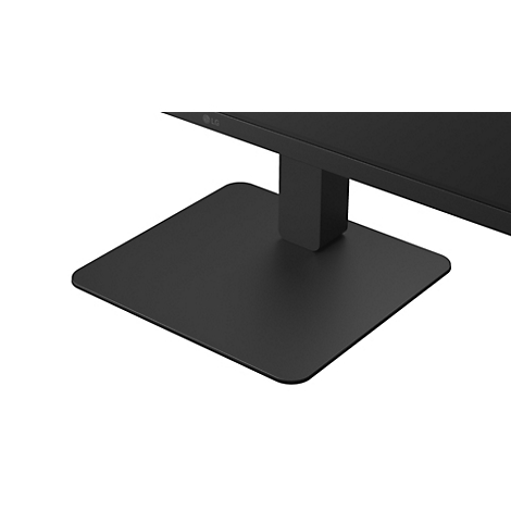 Schwarzer, quadratischer Monitorfuß mit abgerundeten Ecken und angeschlossenem Standrohr.
