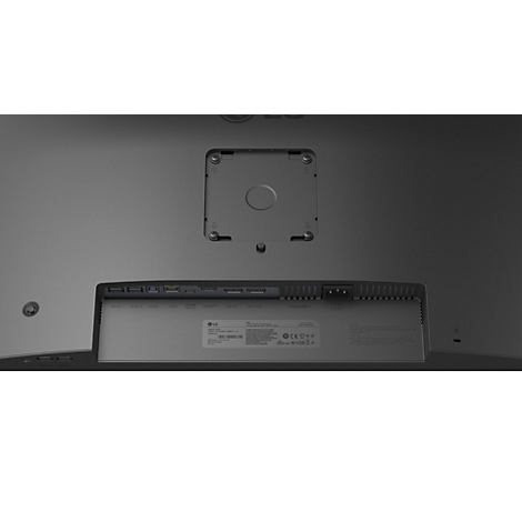 Rückseite eines LG Monitors mit VESA-Halterung und Anschlussleiste.
