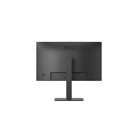 Rückseite eines schwarzen LG Monitors mit einem schlanken Standfuß vor weißem Hintergrund.