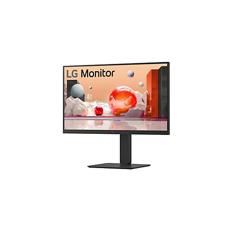 Schwarzer LG Monitor auf Standfuß vor weißem Hintergrund mit abstraktem, farbenfrohem Bildschirmhintergrund.