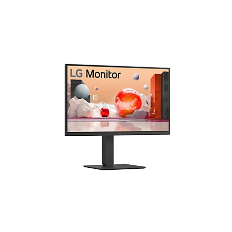 Schwarzer LG Monitor vor weißem Hintergrund mit abstraktem, farbenfrohem Bildschirminhalt.