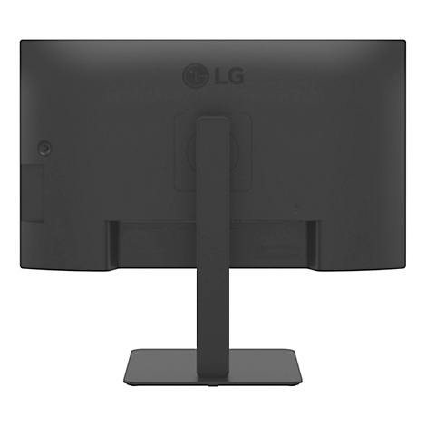 Arrière d'un moniteur LG noir. Logo LG en haut à droite, pied en bas.