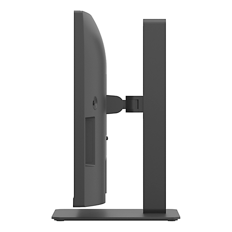 Vue latérale d'un moniteur gris avec support. Avant avec cadre sombre, arrière avec ports.