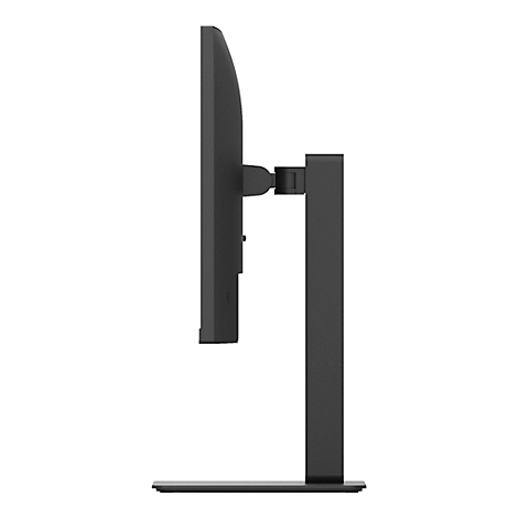 Vue latérale d'un moniteur noir sur un support sombre. L'écran est étroit et rectangulaire, le support est carré.