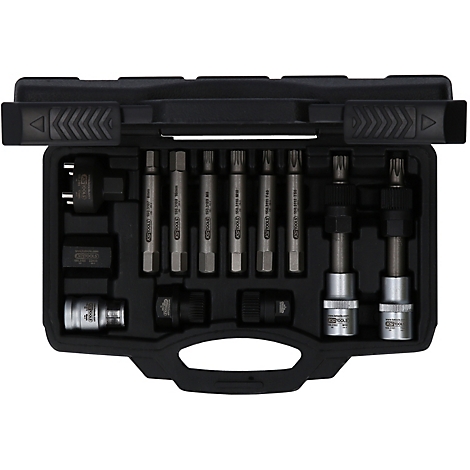 Schwarzer Werkzeugkasten mit Werkzeugen. In dem Kasten sind verschiedene Bit-Aufsätze und Schraubenschlüssel.