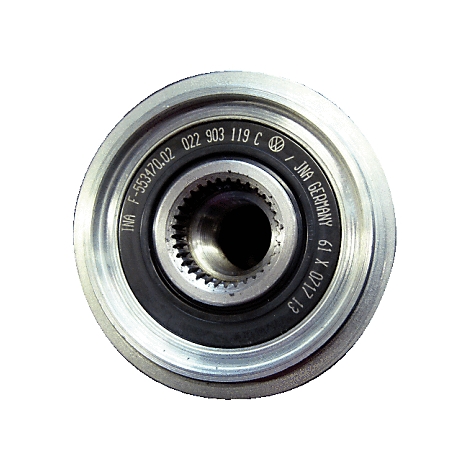 Nahaufnahme eines metallischen Radlagers mit verschiedenen eingravierten Nummern und Logos, darunter VW und INA.